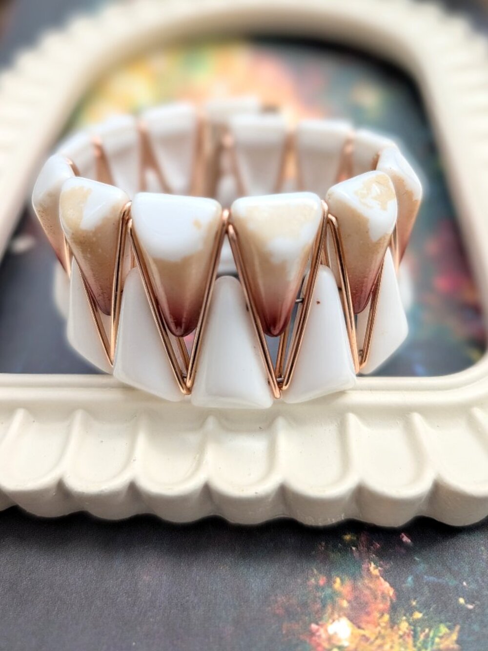Mid-Century Lucite White & Cream Triangle Cuff Bracelet, Mod